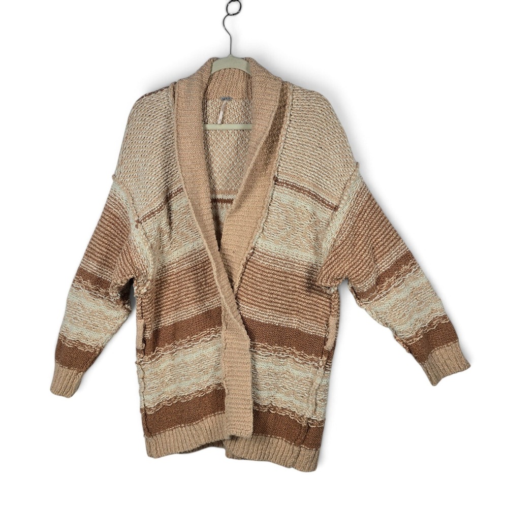 Free People Cozy Cabin Cardigan Sweater LRG Brown Cream Chunky Knit Reversible?